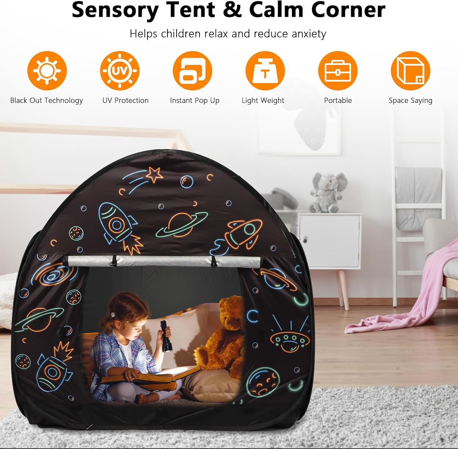 Ysityum Sensory Tent for Kids with Autism - Extra Large 47X47 in Kids Room Play Tent for Inside, Blackout Sensory Indoor Pop up Tent, with Door Window Light for Kids Autism Anxiety ADHD SPD