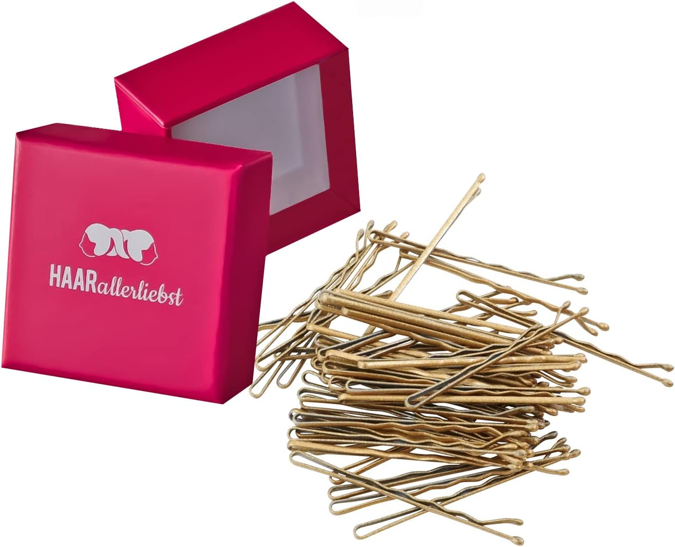 Haarallerliebst Hair Clips (50 Pieces, Gold Glittering, 5 Cm) with Box for Storage (Box Colour: Pink) (Box Colour: Pink)