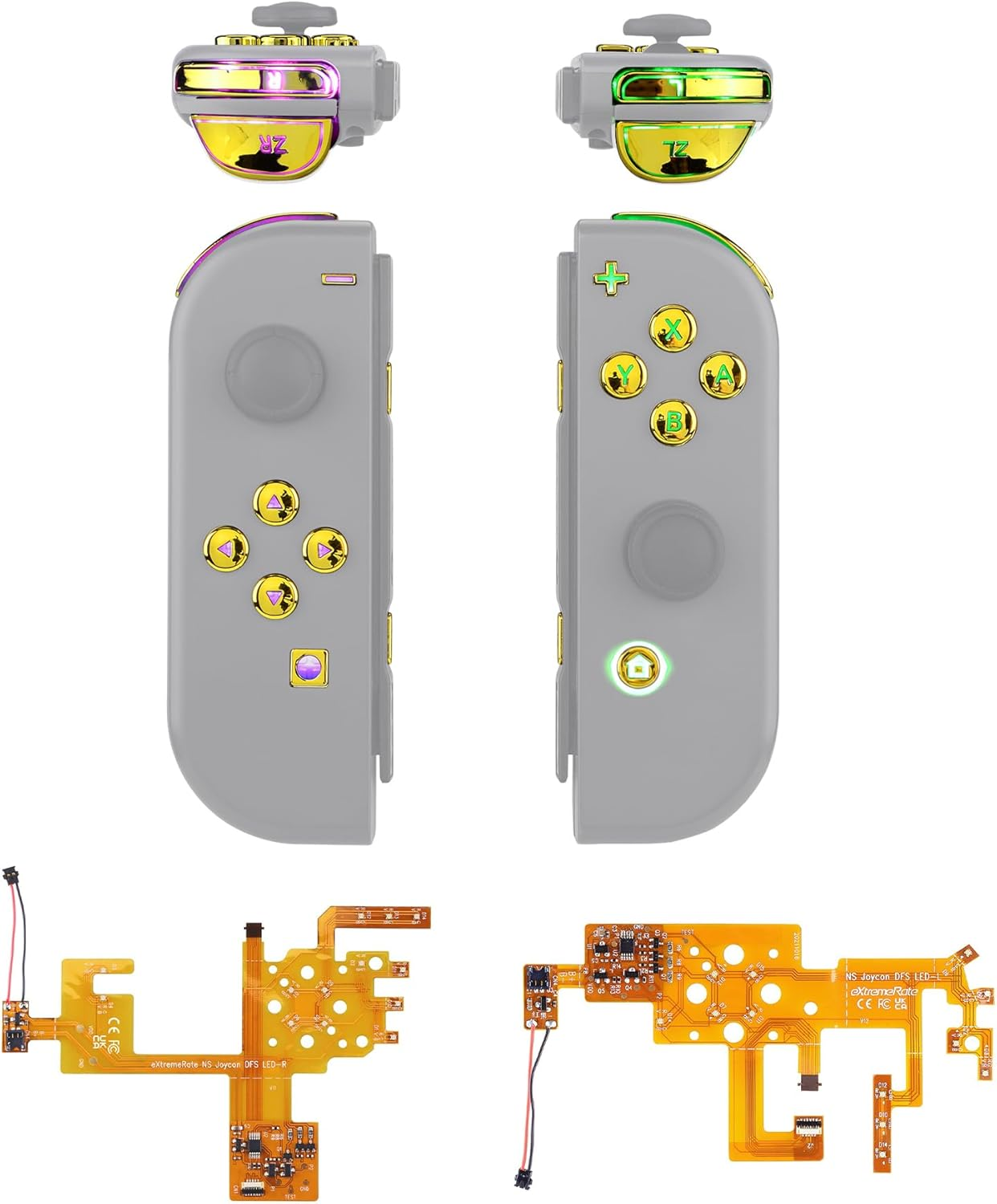 Extremerate 7 Colors 9 Modes NS Joycon DFS LED Kit, Multi-Colors Luminated Chrome Gold Classical Symbols ABXY Trigger Face Buttons for Nintendo Switch & Switch OLED Model Joy-Con - Joycon NOT Included - Black Symbols Buttons Set image number 5