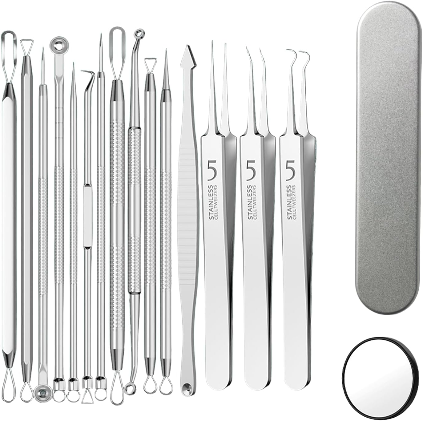 Aiokuo 15-Piece Blackhead Remover Tool Kit with Mirror &ndash; Stainless Steel Pimple Extractor Set with Metal Storage Case, Facial Care Tools for Removing Blackheads and Whiteheads (Silver) image number 2