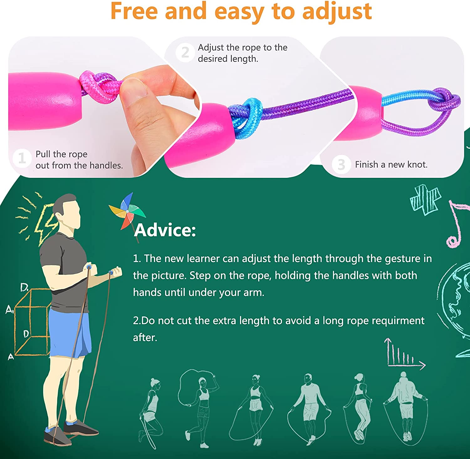 Hianjoo [2 Pack] Skipping Rope, Kids Adjustable Cotton Rope Wooden Handle Jump Rope for Children Boys and Girls for Exercise Fitness Training Weight Loss Outdoor Activity, Pink and Blue