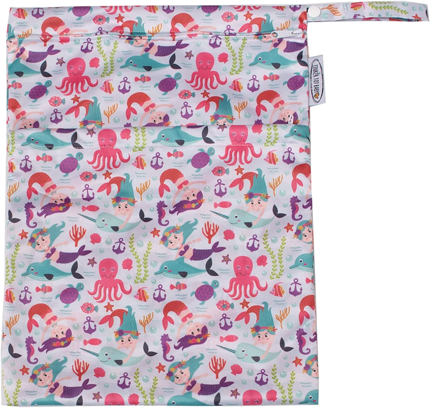 Wet Bag with Two Zippered Pockets Water Resistant | Washable | Reusable for Travel | Stroller, Nappies, Gym, Wet Swimwear, Toiletries, Books | 30Cmx40Cm (Mermaids & Sea Creatures) image number 1