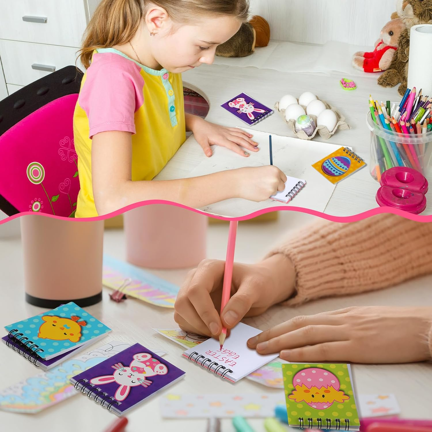 Yeaqee 72 Pcs Mini Spiral Easter Notepads Set for Kids Bulk Easter Egg Bunny Butterfly Chick Carrot Notebook Easter Egg Filler Blank Books for Easter Theme Party Prize School Classroom image number 5