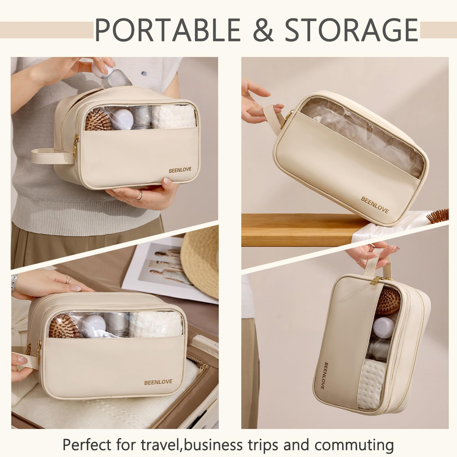 Portable Travel Waterproof Makeup Bag/Cosmetic Bag with Golden Zip for Women and Girls/Wide Open Cosmetic Organiser Made of PU Leather with Side Handle/Nail Polish & Makeup Brush, Navy, 25CM image number 6