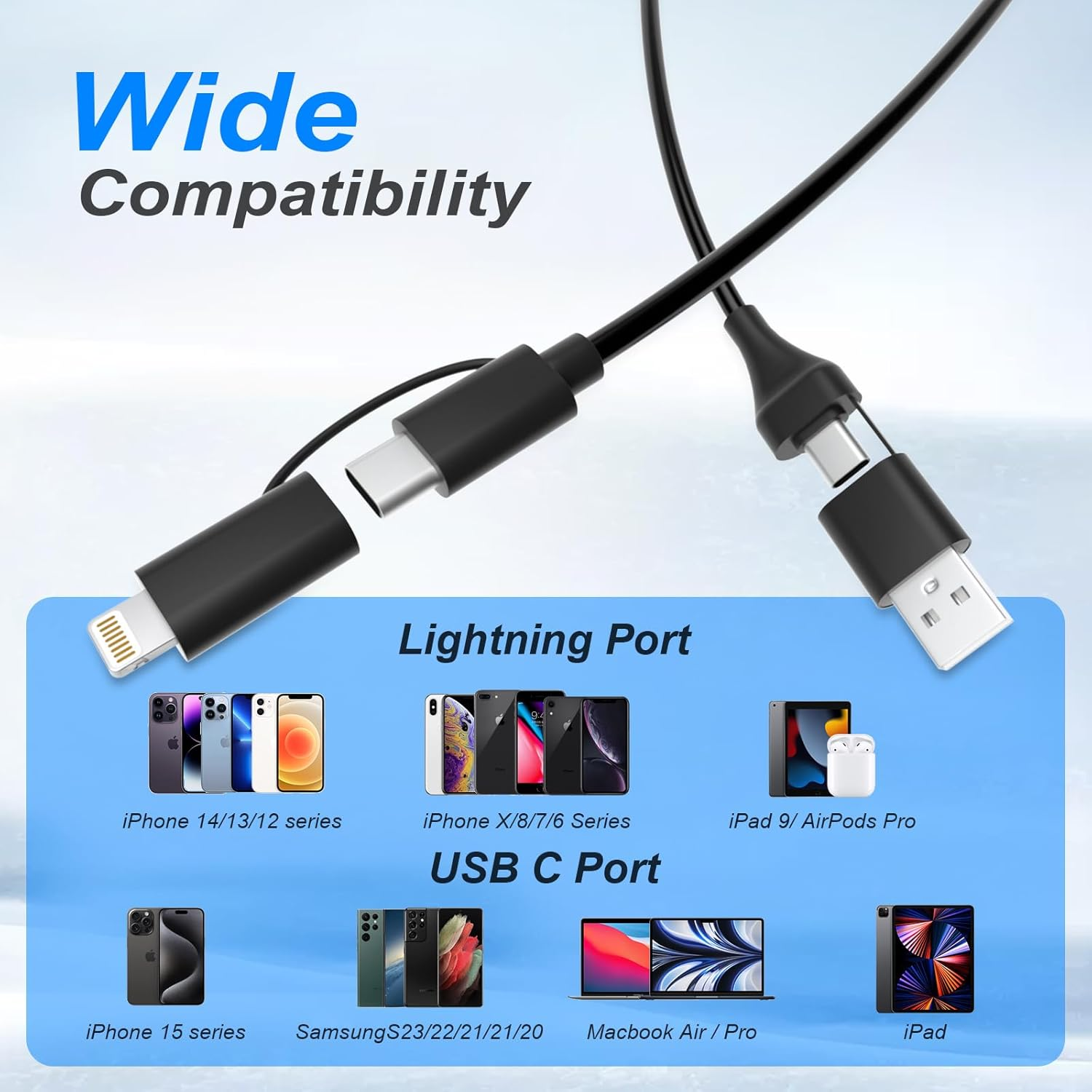 4 in 1 USB C and Lightning Cable [Mfi Certified]60W Fast Charging & Data Sync Apple Carplay & Android Auto,Coiled Multi Charging Cable Combo Lightning/Type C/USB a Ports for Iphone/Android/Ipad/Laptop