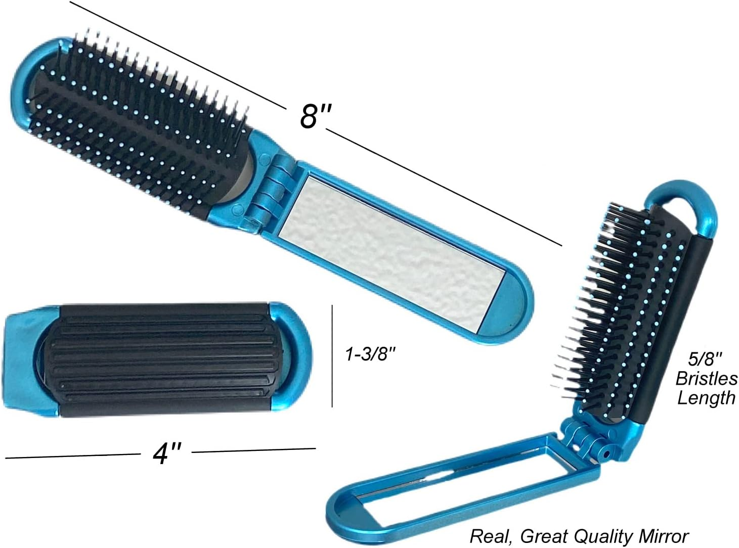 2 BLUE ALAZCO Folding Hair Brush with Mirror Compact Pocket Size Travel Car Gym Bag Purse Locker Swimming Camping Sleepovers and More