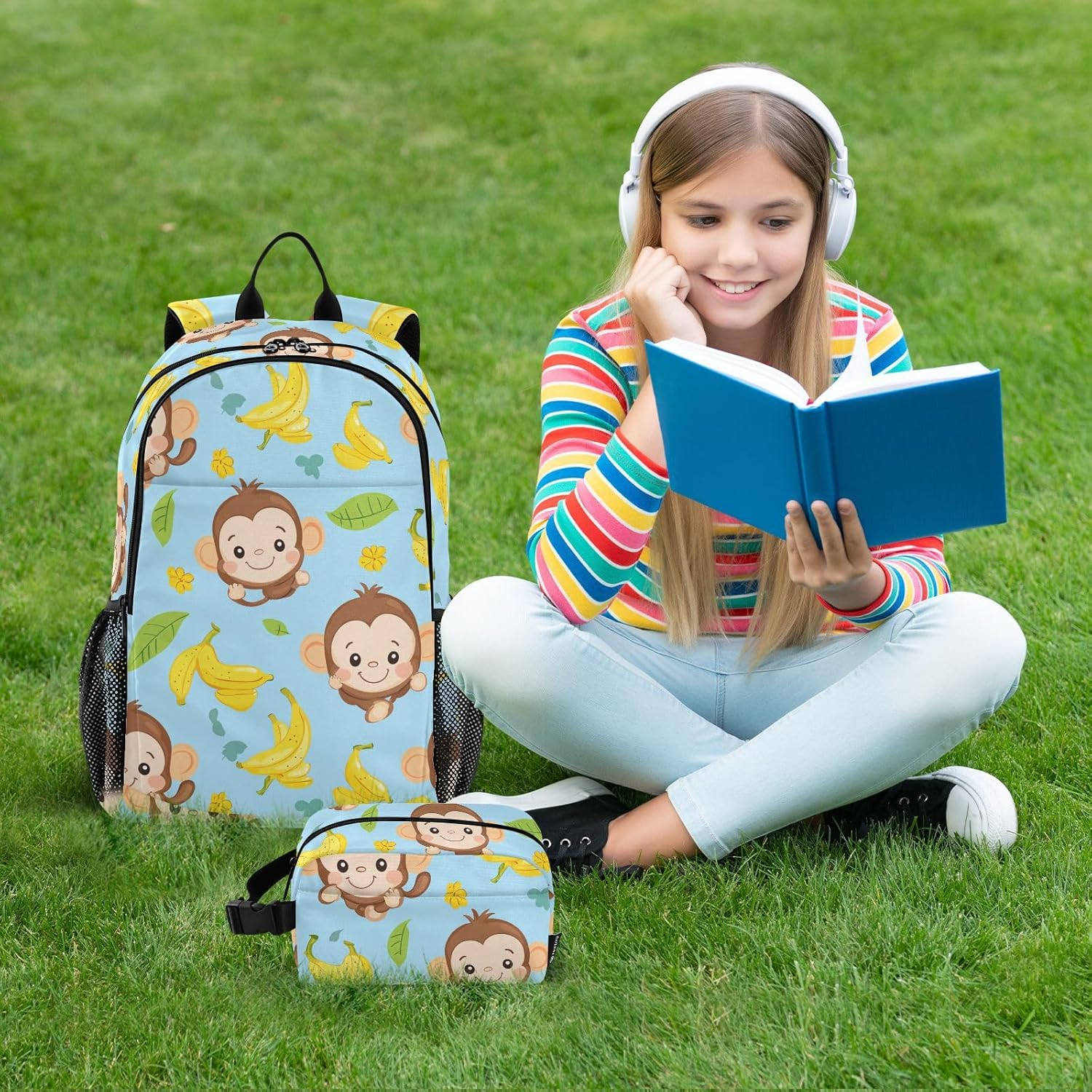 Miaozhen Cute Monkey Bananas Glory Blue Backpack and Lunch Box for Boys Boys Backpacks and Lunch Box School Backpacks for Girls with Lunch Box Age 8-10 Years Old, Cute Monkey Bananas Glory Blue, 1 image number 5