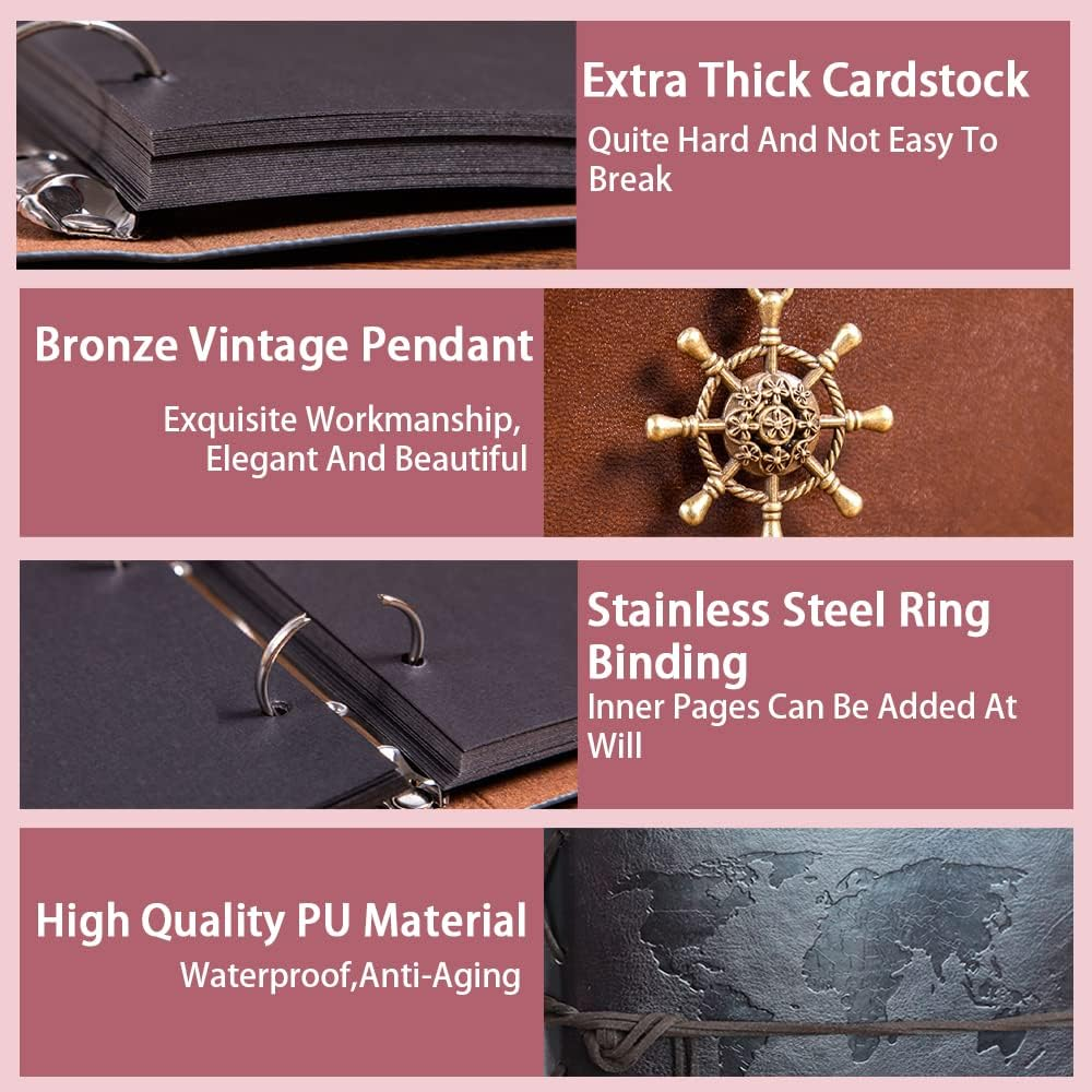 Leather Photo Album, Scrapbook Album with Retro Pendents, DIY Travel Vintage Photo Album, Family Photo Book Refillable 60 Pages for Anniversary Birthday Wedding (Red) - Coffee image number 5