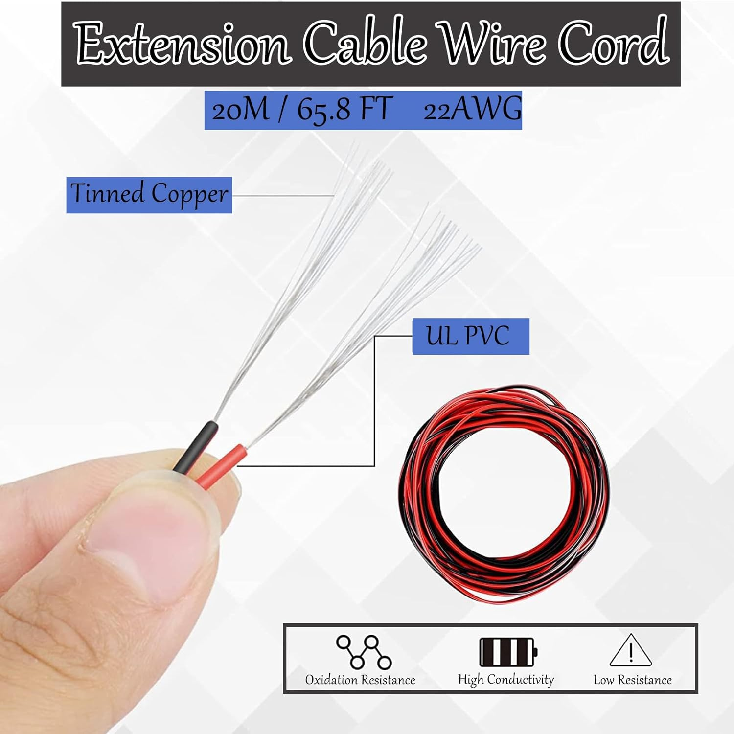 20M/65.6FT Electrical Wire Cable 22AWG, 2 Pin Black Red, DC Extension for LED Strips image number 2