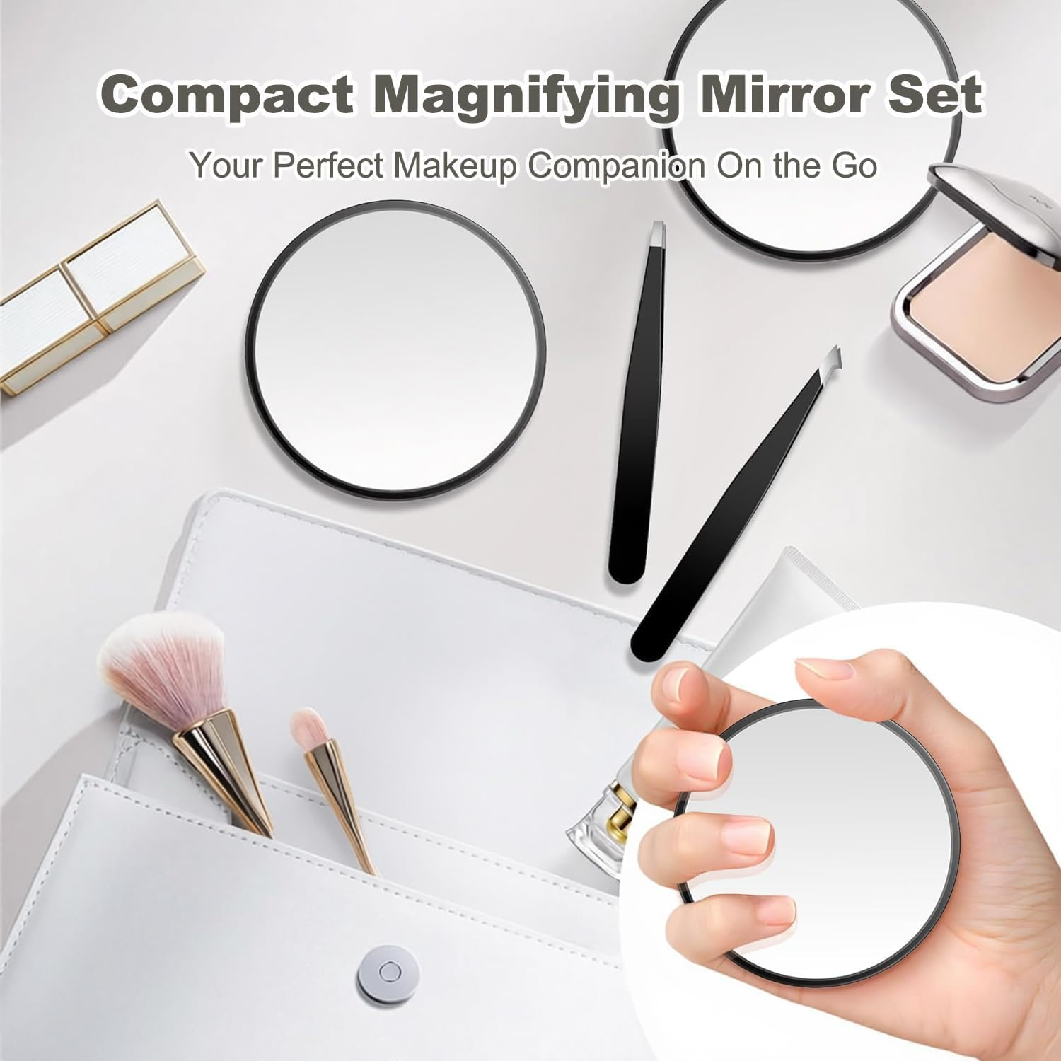 Magnifying Mirror Set, 20X&30X&40X Suction Cup Makeup Mirror, 2 Tweezers. 4.5 Inch Compact Mirror for Travel, Bathroom, Home, Gifts for Women image number 3