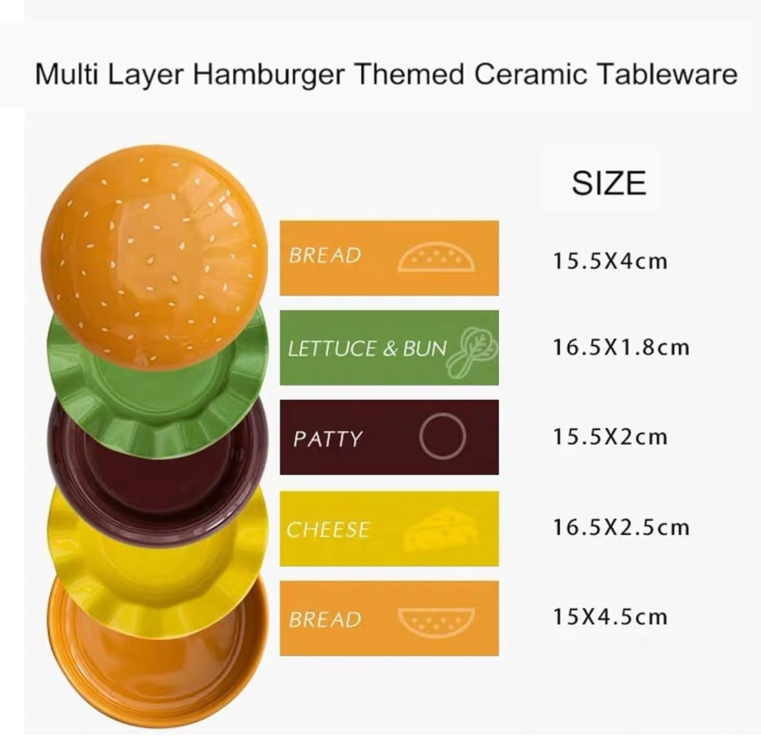 ROROUP Ceramic Hamburger Plates and Bowls Sets, 5-Piece Burger Shape Bowl and Plate, Novelty Stackable Burger Dinnerware Set for Afternoon Tea, Desserts, Biscuits, Steaks, Fun and Cute image number 4