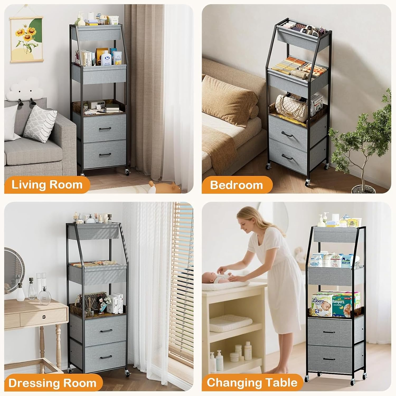 Baby Diaper Caddy Organizer and Storage - 5 Tier Rolling Cart with Dividers and Drawers, Mobile Utility Cart with Wheels for Nursery, Bedroom, Changing Table & Crib, Grey image number 2