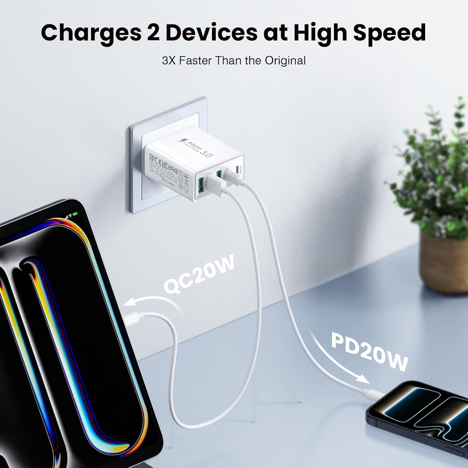 [2-Pack] USB C Wall Charger, 50W Fast USB C Charger Block, 5-Port PD Power Adapter + QC Wall Plug Multiport Type C Charging Block Cube Compatible with Iphone 17 16 15 14 13 12 Pro Max XR XS,HNT-PT415 image number 5