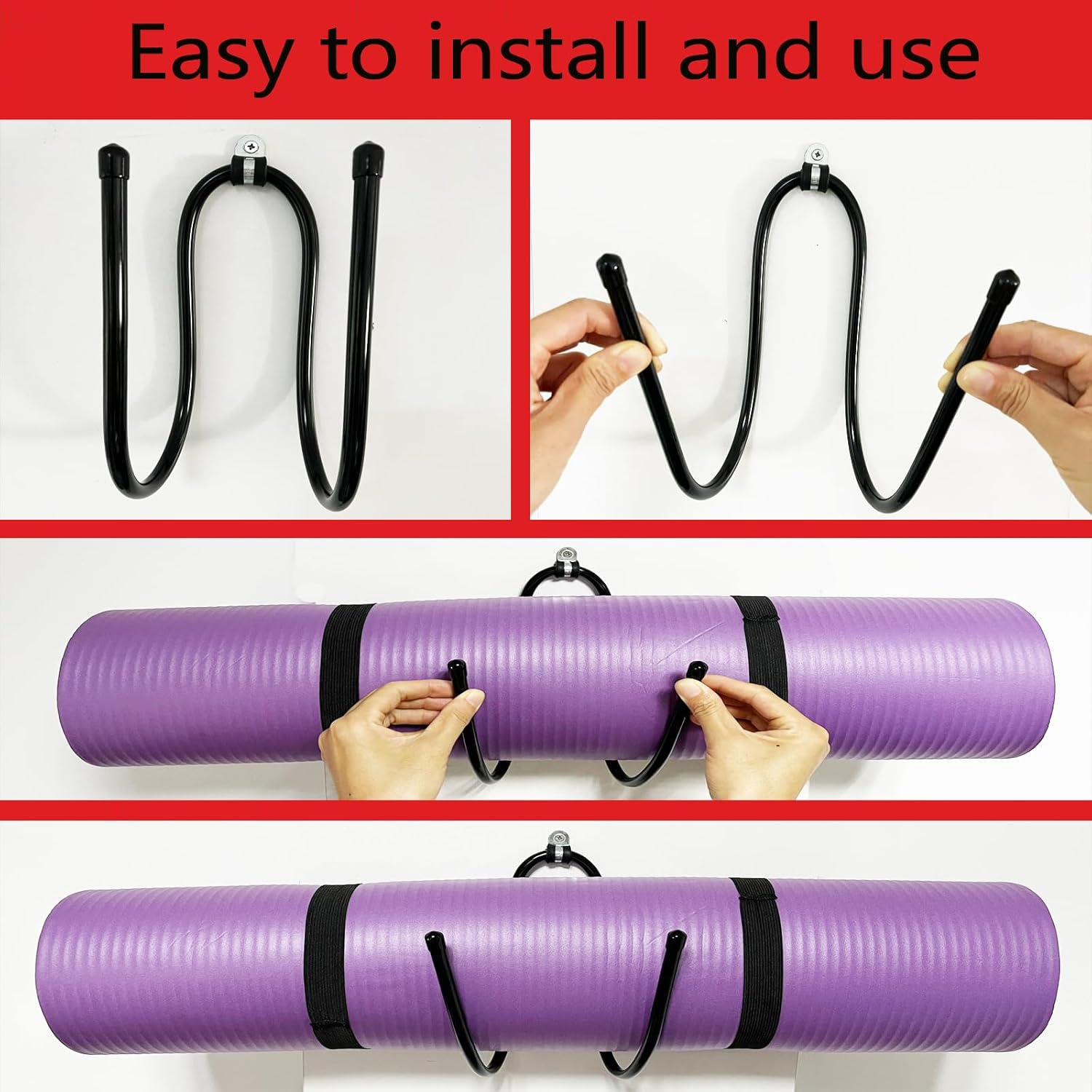 Upgraded Large Yoga Mat Holder Wall Mount, Metal Storage Rack for Yoga Mat/Wheels, Foam Roller Etcs, Wall Rack Organizer Hooks for Hanging Stretching Strap & Resistance Bands, Yoga Room/Home Gym Decor image number 1