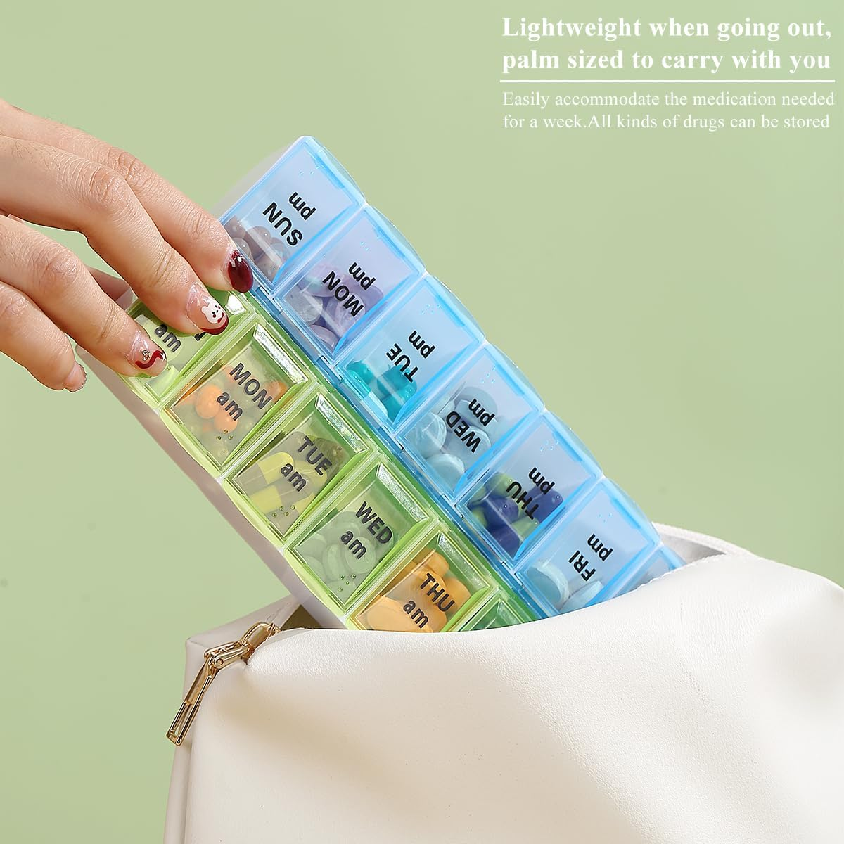 Berglander Pill Organizer 7 Day 2 Times a Day, Large Weekly AM PM Pill Box, Day Night Medicine Organizer, Pill Case 2 per Day, Pill Container Twice a Day Blue and Green Lid image number 3