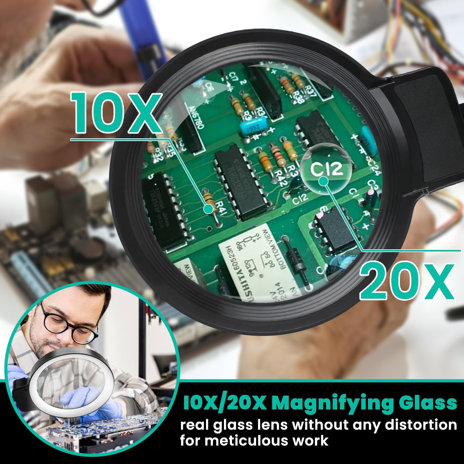 Lquan 20X 10X Magnifying Glass with Light and Stand, 72 LED Light, 3 Color Modes, Adjustable Brightness, 2 in 1 Adjustable Height Magnifier Floor Lamp for Repair, Sewing, Reading, Crafts, Hobbies image number 5