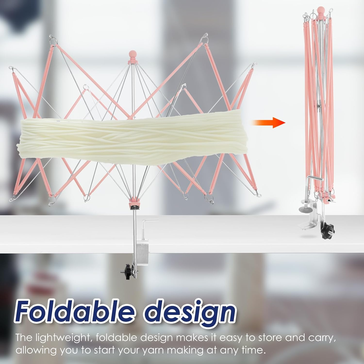 Yarn Winder, Umbrella Yarn Swift, with Table Clamp Portable Swift Winder, Essential Crochet Tools, Easy Setup and Low Noise for Skeins, Hand Operated Winding Frame (Pink) - Pink image number 2