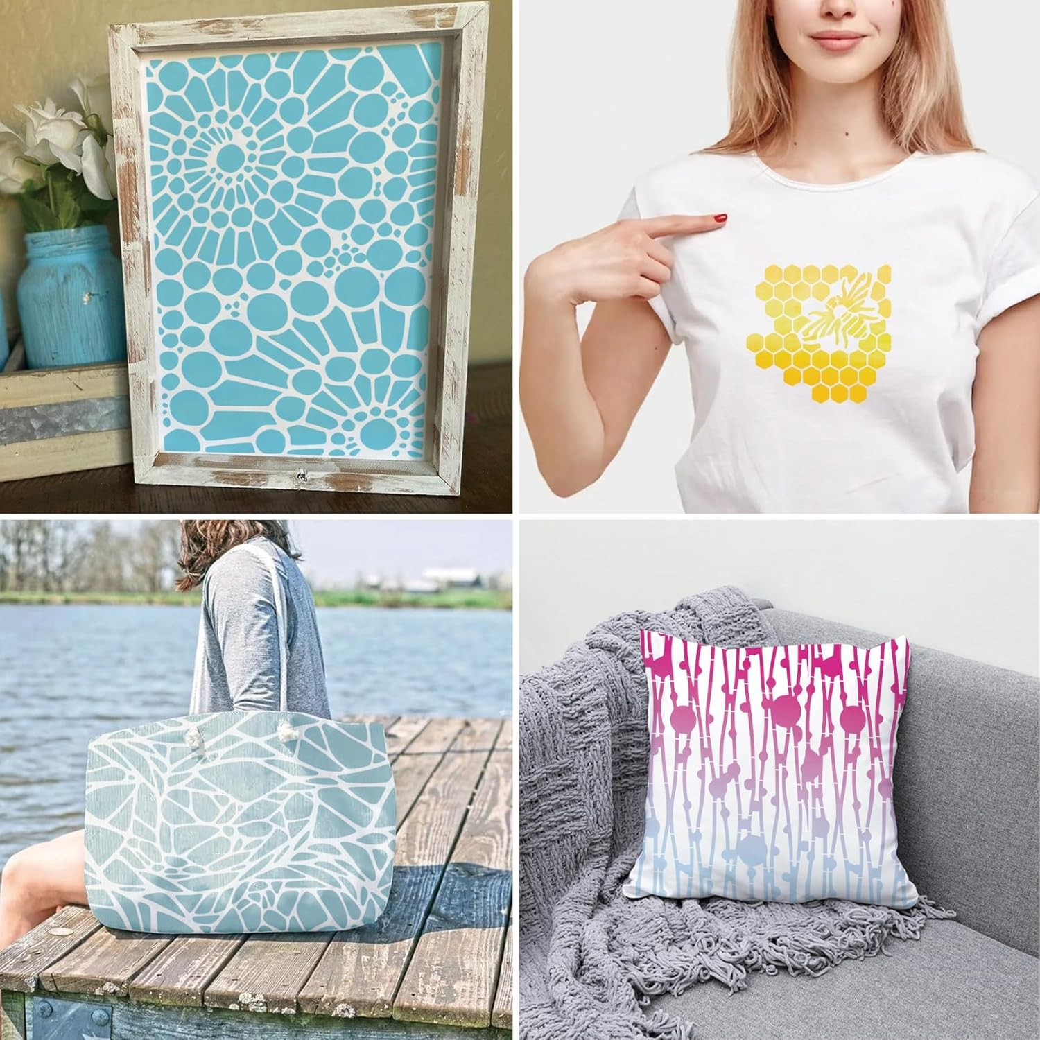 SVNXI 8 Pieces Stencils for Crafts Reusable Texture Spider Stencils Net Wood Grain Stone Spray Paint Layering Stencil Templates for DIY Scrapbook Art (White) image number 6