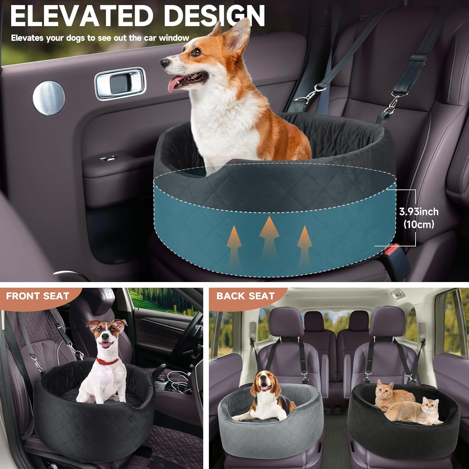 Dog Car Seat for Small & Medium Dogs, Elevated Dog Booster Seat, Detachable and Washable Pet Car Seat for Dogs up to 35Lbs, Dogs Travel Bed with Thick Memory Foam for Front and Back Seats - Black image number 4