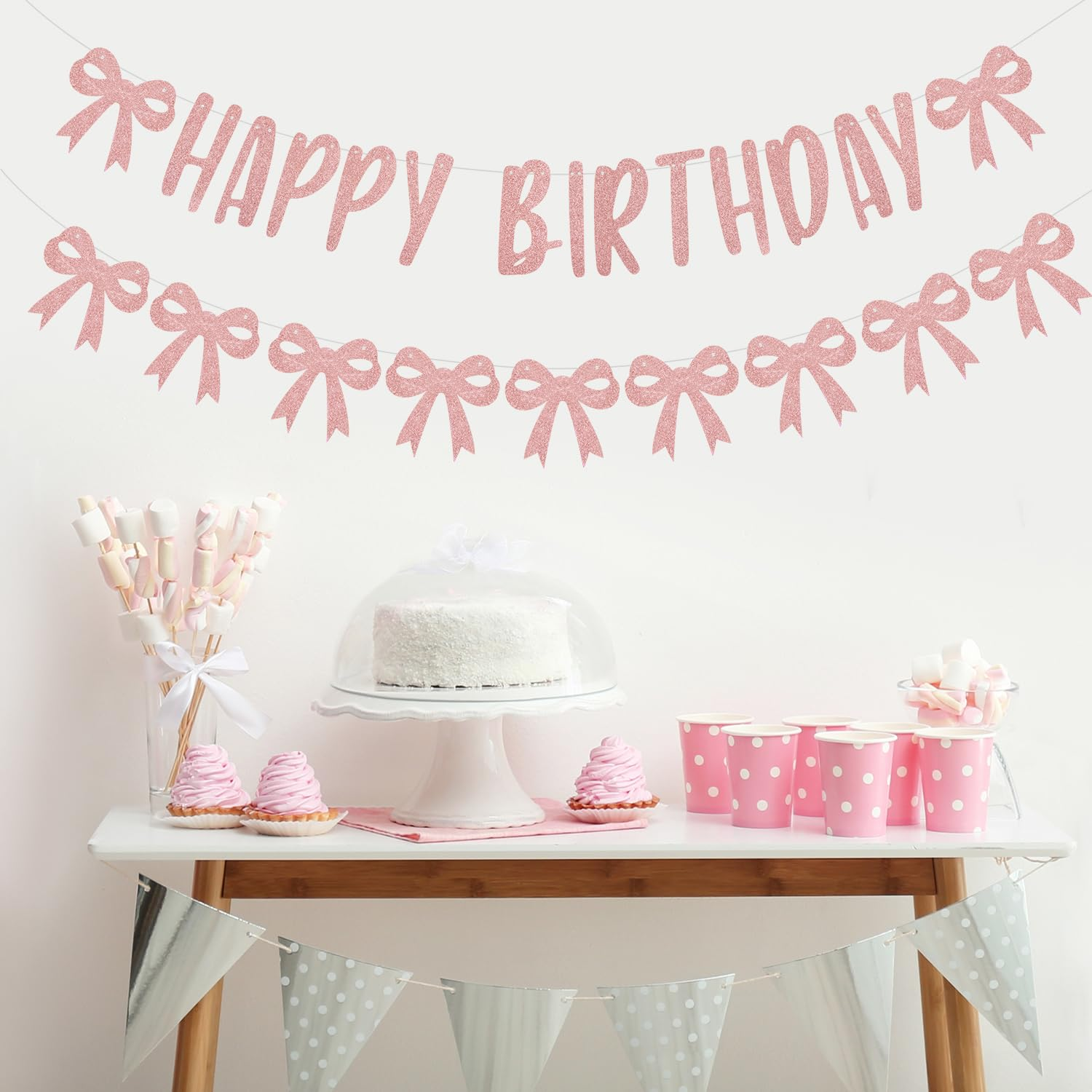 Pink Bow Banner Garland, Coquette Happy Birthday Banner Glitter Birthday Sign Funny Birthday Banner for Women Birthday Party Decorations Supplies Gift Photo Props (Unassembled) image number 1