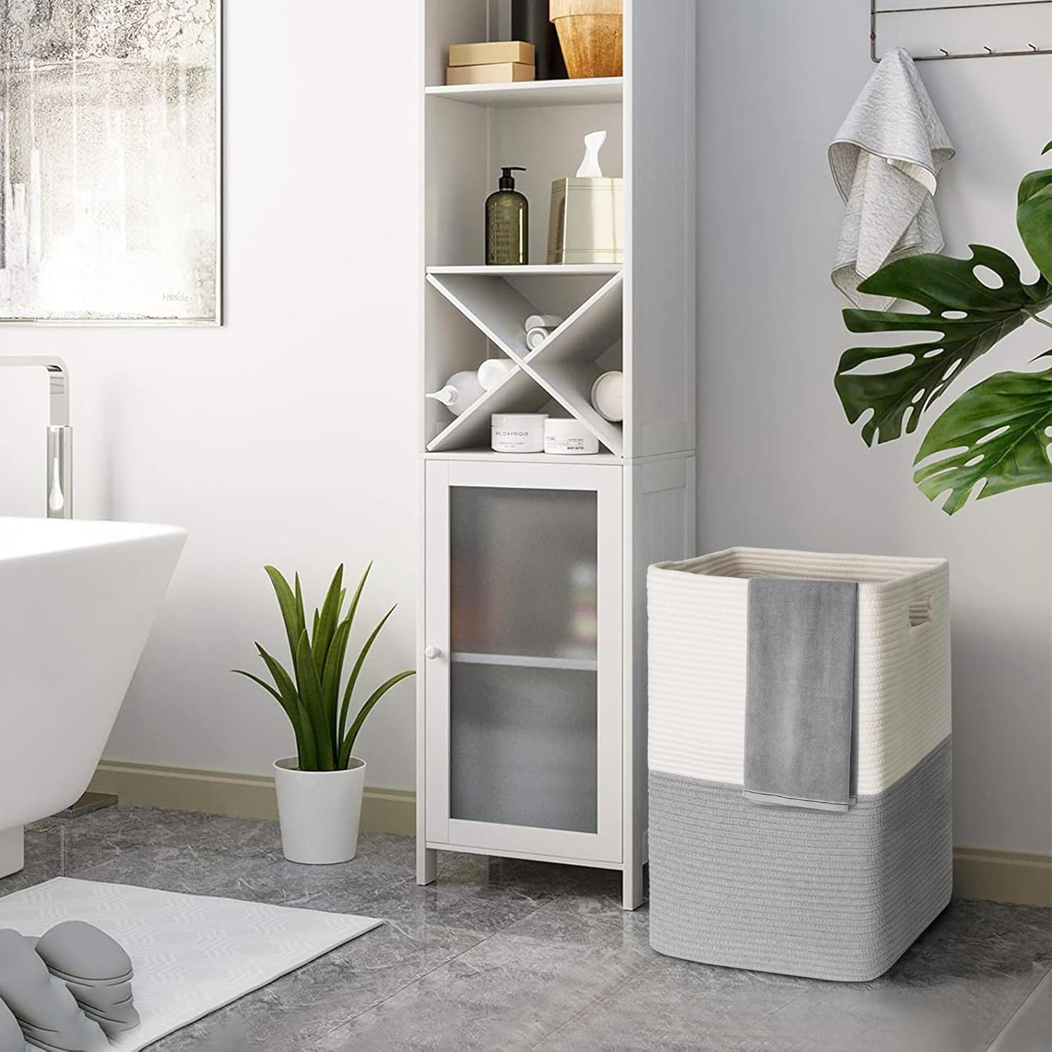 MEGASKET Large Laundry Hamper Basket, 16"X13"X22" Hampers for Bedroom Aesthetic, Cotton Rope Dirty Clothes Hamper, Soft Baby Kids Nursery Wicker Laundry Basket, Tall Woven Laundry Bin, Gray, 75L - Black Stripe image number 2