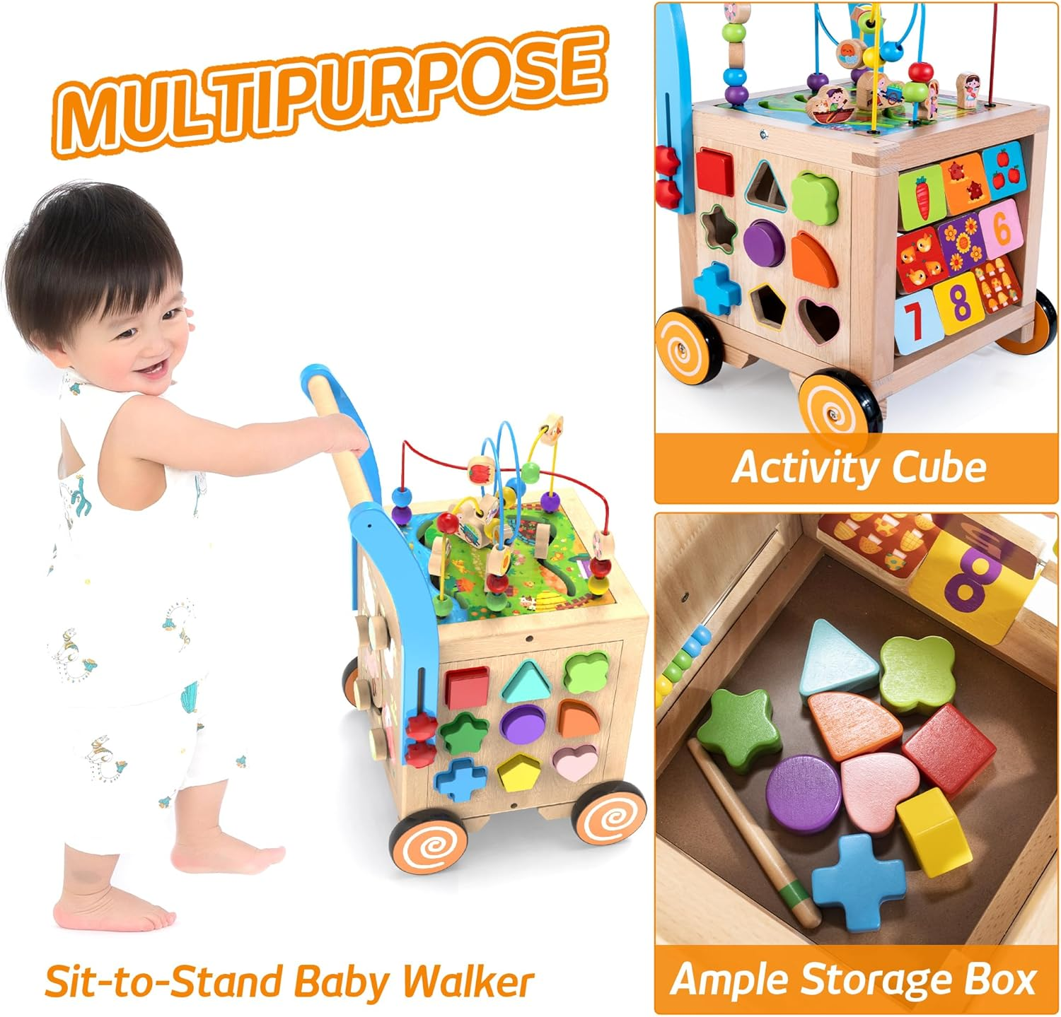Wooden Baby Walker Activity Center Cube Sit-To-Stand Learning Farmyard Push & Pull Educational Toys Set Birthday Xmas Baby Toddler Boys Girls Age 12+ Months image number 5