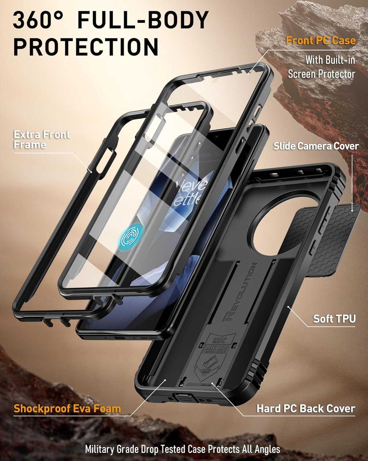 Poetic Revolution Case for Oneplus 13 5G, [Slide Camera Cover], Built-In Screen Protector [Work with Fingerprint ID], [2 Front Frame] Full Body Rugged Shockproof Case with Kickstand, Black - Blue image number 4