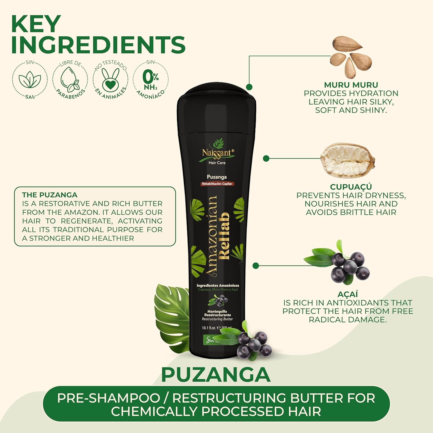 Naissant Amazonian Rehab Hair Care Puzanga Butter | Enriched with Muru Muru, Cupua&ccedil;u, and A&ccedil;a&iacute; | Nourishing Pre-Shampoo for Lightweight, Soft, and Damaged Hair Repair (10.1 Fl Oz) image number 4