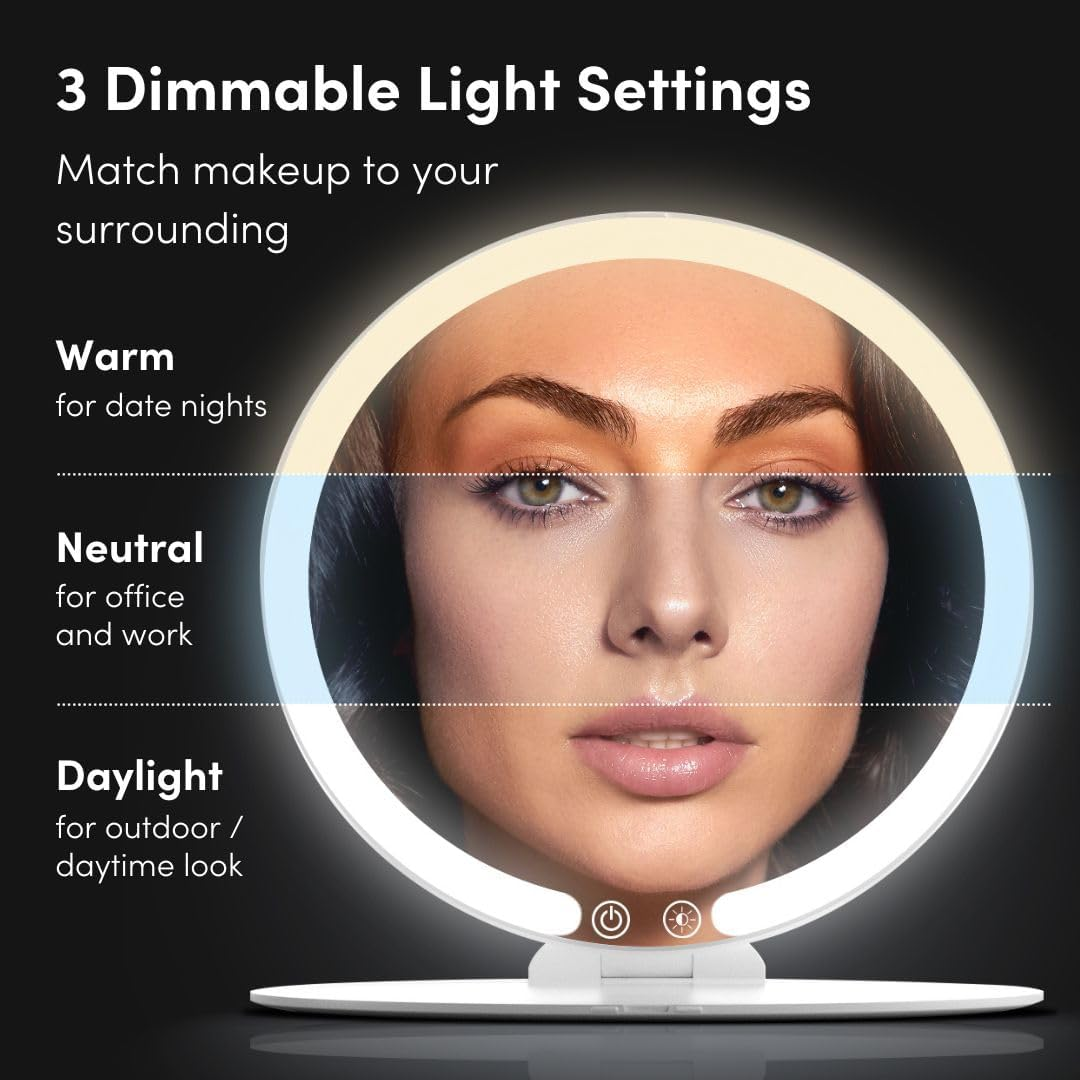 Fancii Rechargeable Travel Makeup Mirror with LED Light, 8" Foldable Stand, 3 Color Lighting Travel Mirror. Dimmable & Lightweight Portable Vanity Mirror, Beauty Travel Essential, Abigail (White) image number 3