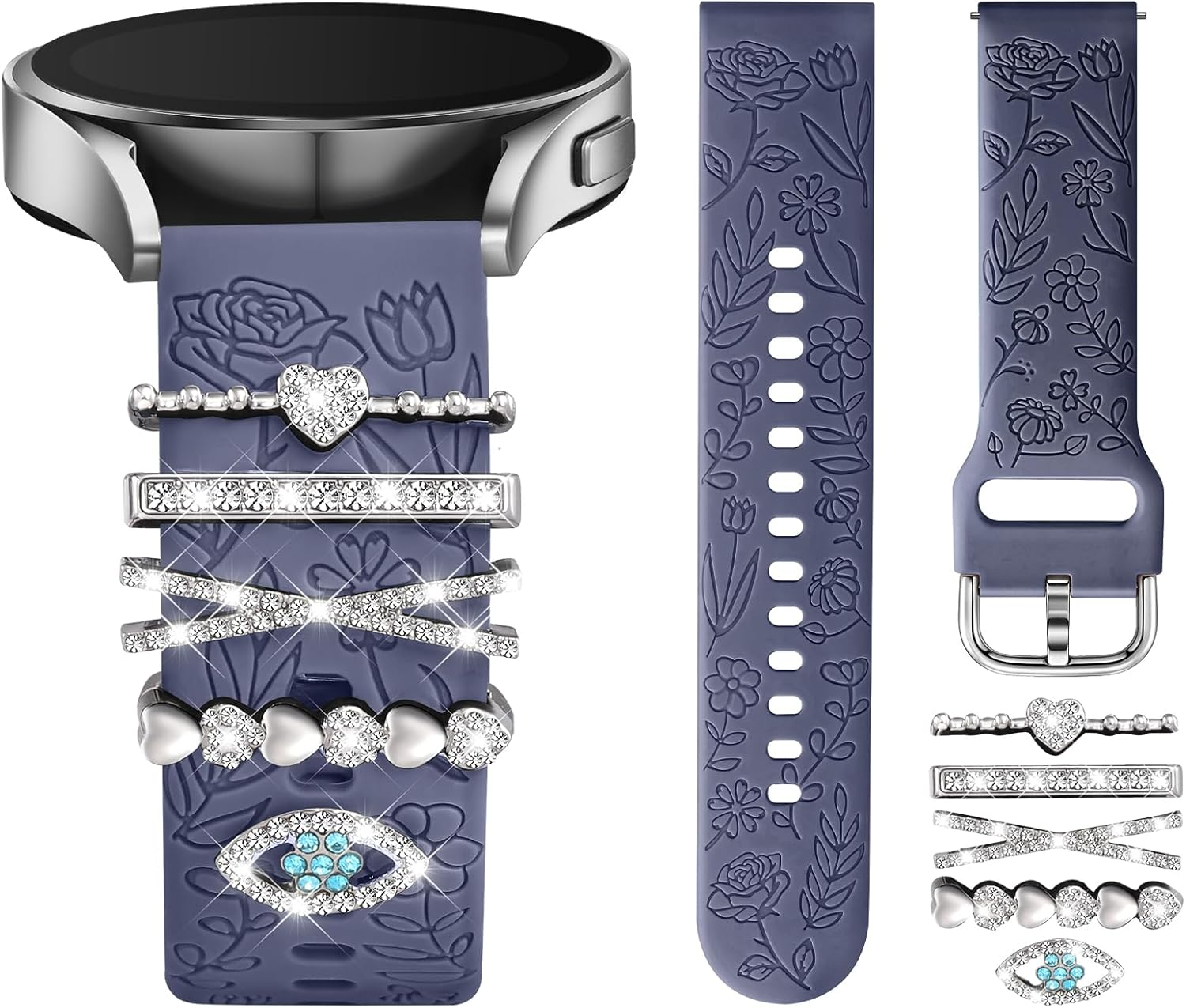Getino Flower Engraved Band Compatible with Samsung Galaxy Watch 7 Band/Fe 6 5 4 40Mm 44Mm,Galaxy Active 2, 20Mm Watch Band Soft Silicone Replacement Strap with Decorative Charms Accessories Women