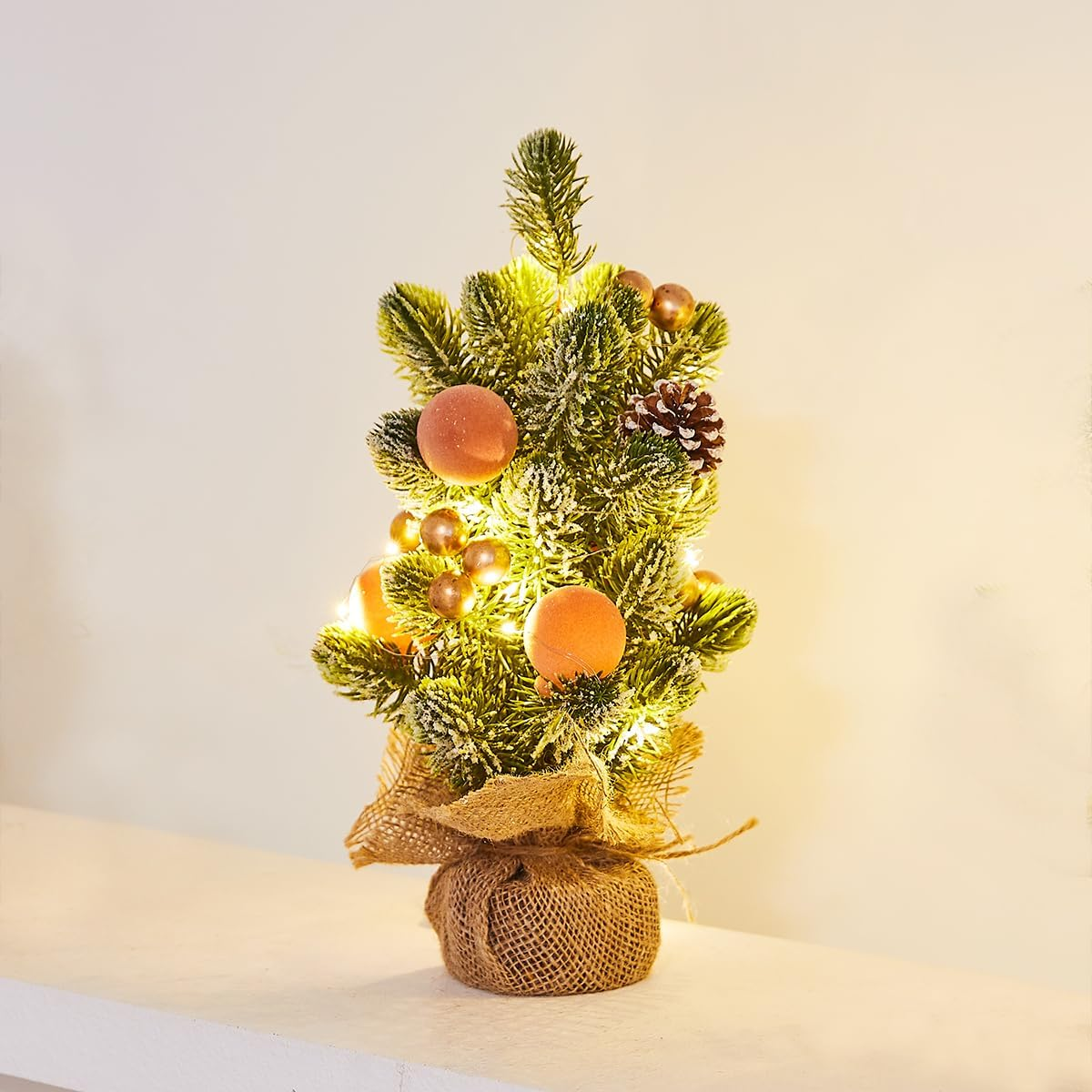 Burlap Small Christmas Tree Decor with Lights - Mini Tabletop Artificial Tree Centerpiece Christmas Gift Indoor Home Office Desk Holiday Decorations(Gold Ornament)