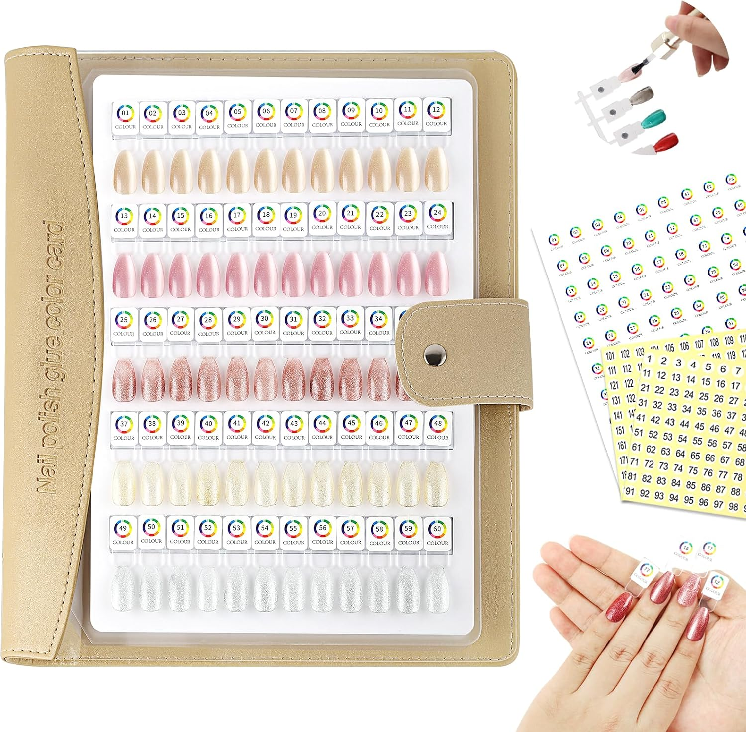60 Magnetic Nail Swatch Book,Leather Nail Color Display Book with 72 Magnetic Tips & Number Labels,Professional Removable Page Design Nail Salon Color Book for Easy Preview & Storage Gold