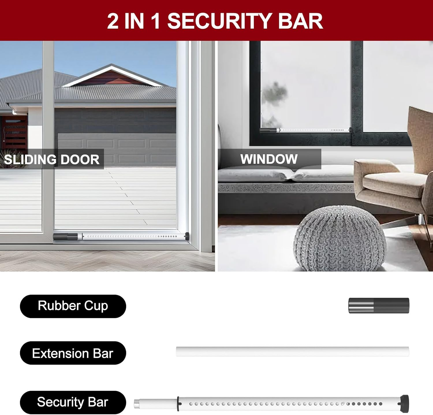 Acemining Sliding Door Security Bar,Heavy Duty Sliding Patio Door Lock Bar, 20-50Inch Adjustable Multi-Use Window Security Bars, Sliding Door Stopper,White,1Pack image number 4
