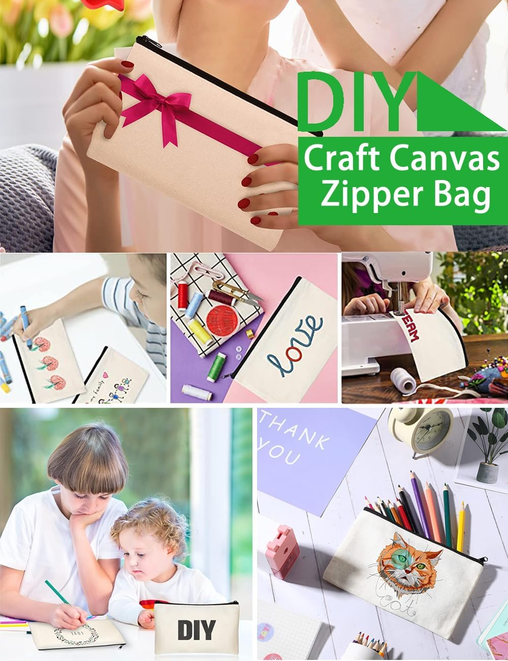 60 PCS Blank DIY Craft Pencil Bag, Canvas Zipper Pouch Bags, Storage Bag Pencil Case, Graffiti Stationery Bag, Multi-Purpose Cosmetic Bag, Makeup Bags to Store Personal Belongings for Work and Travel