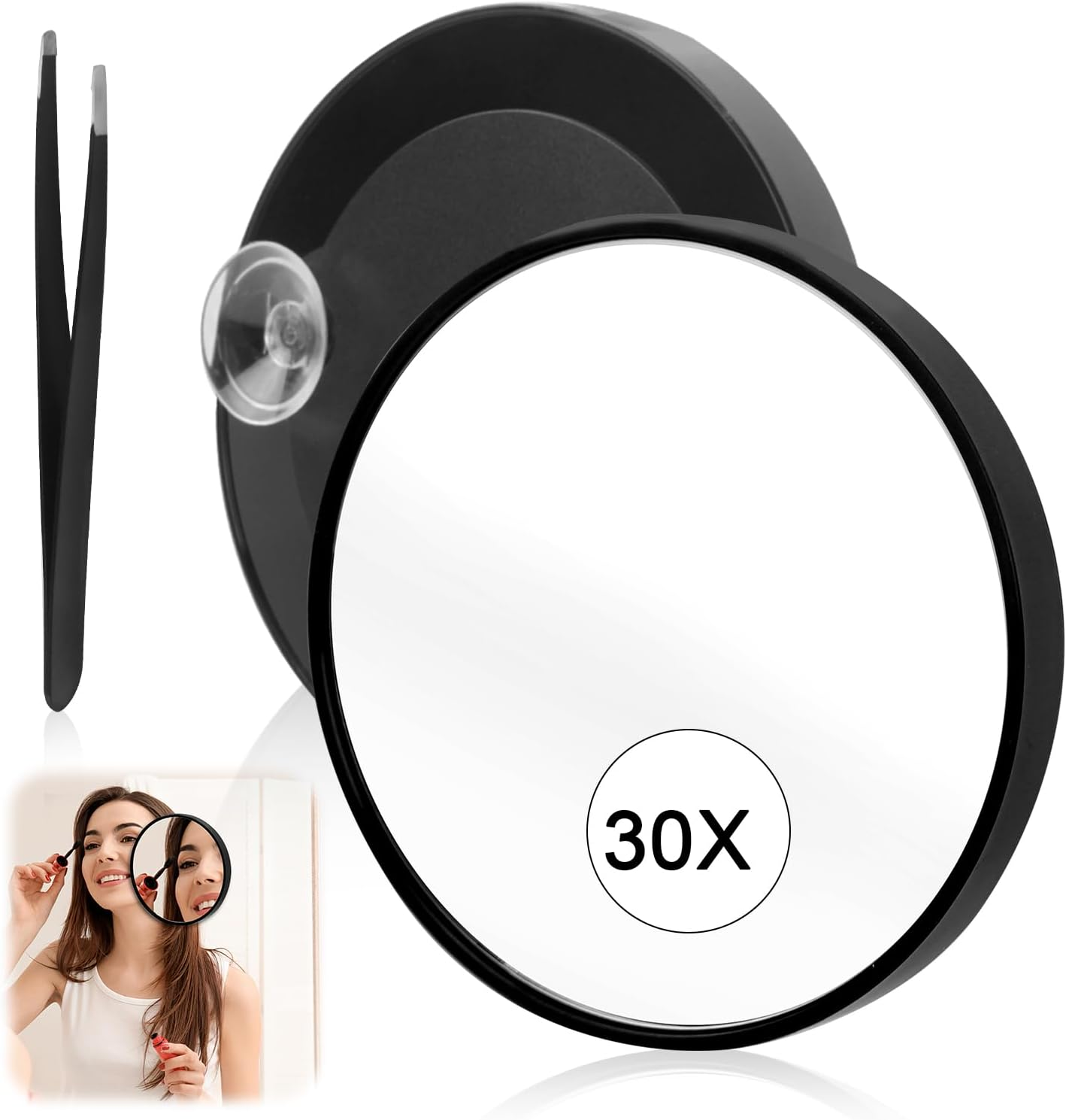 30 X Magnifying Mirror, Small Magnifying Mirror with Suction Cup and Tweezers, 3.5 Inch Travel Mirror for Makeup, Eyebrow Waxing and Facial Care, Ideal for Men and Women, Compact image number 3