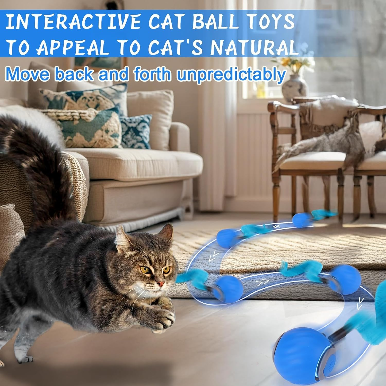Interactive Cat Toy Ball - Automatic Interactive Cat Toys for Indoor Cats with 3 Tails, 2 Speeds Rechargeable Cats Enrichment Dog Toys Balls for Small/Medium/Large to Keep Them Busy, Orange (Blue) image number 1