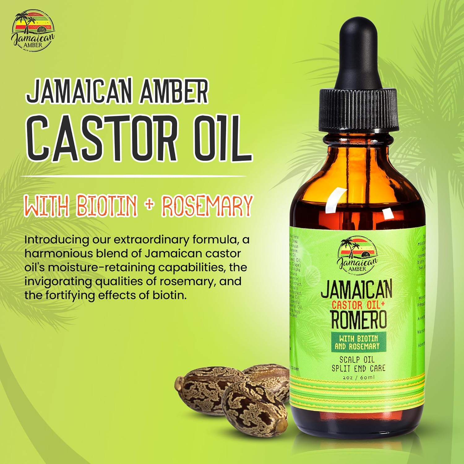 Jamaican Amber Organic Black Castor Oil - 60 Ml / 2 Fl Oz - for Hair Strength, Hair Scalp, Body Massage Oil, and Eyebrows - Formulated to Prevent Hair Loss, for Women and Men with Biotin & Rosemary image number 3