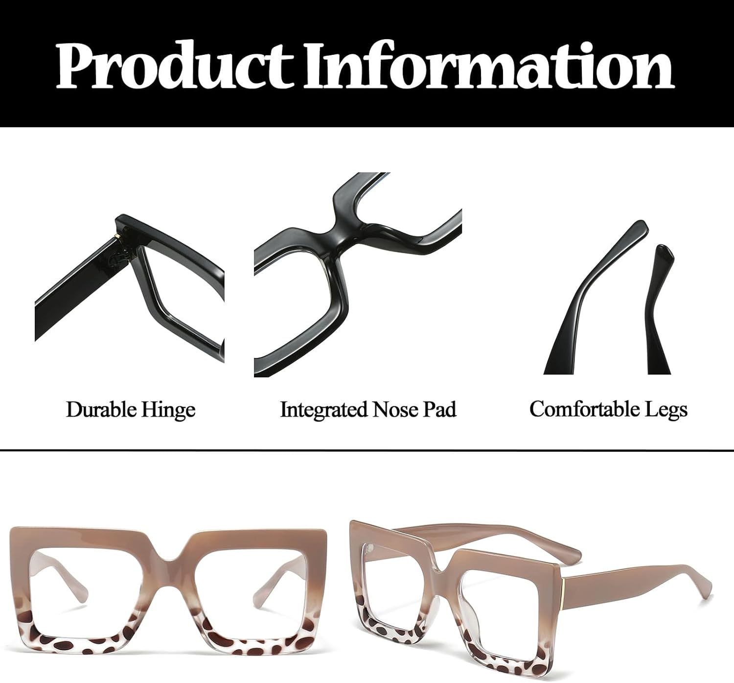 LJCZKA Oversized Square Blue Light Glasses for Women Big Thick Frame Eyeglasses Stylish Chunky Computer anti Glare Glasses - Brown Leopard image number 6