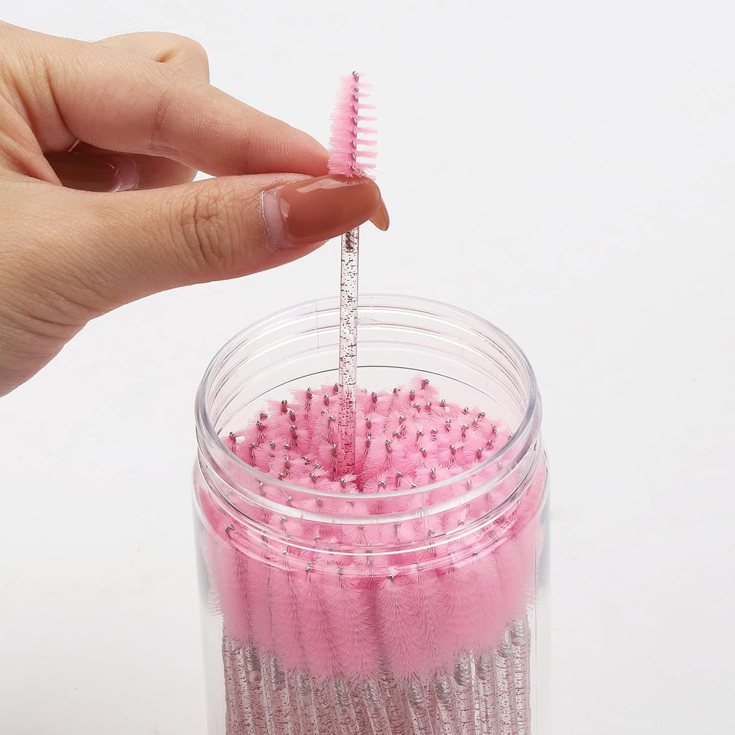 100 Pcs Disposable Mascara Wands, Lash Brushes with Container, Crystal Eyebrow Spoolies Brush for Eyelash Extensions (Pink, Hotpink) image number 2