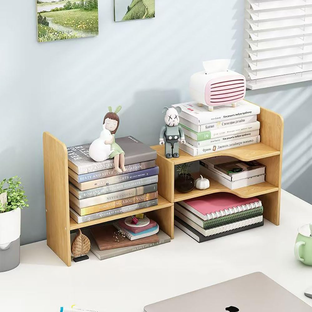 Hbluefat Corner Desktop Bookshelf Organizer, Adjustable Wood Tabletop Small Bookcase, Counter Top Display Storage Shelf/Rack for Home Office (Wood) image number 3