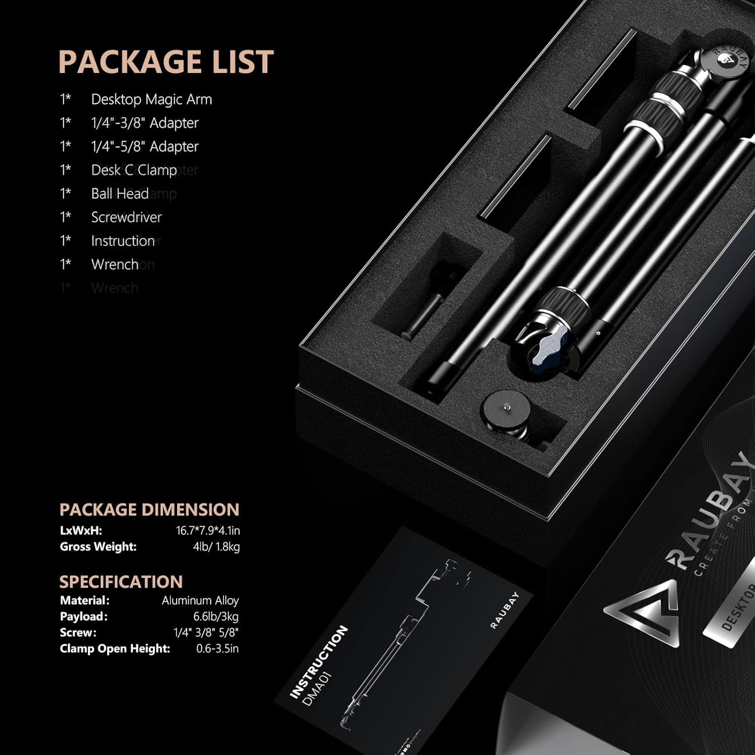 【All Metal】Raubay Desktop Magic Arm, Overhead Camera Desk Mount, Table Light Stand with 1/4&ldquo; Ball Head, 3/8" & 5/8" Adapter, C Clamp, Retractable Boom Arm for DSLR, Webcam, Microphone, Projector DMA01 image number 4