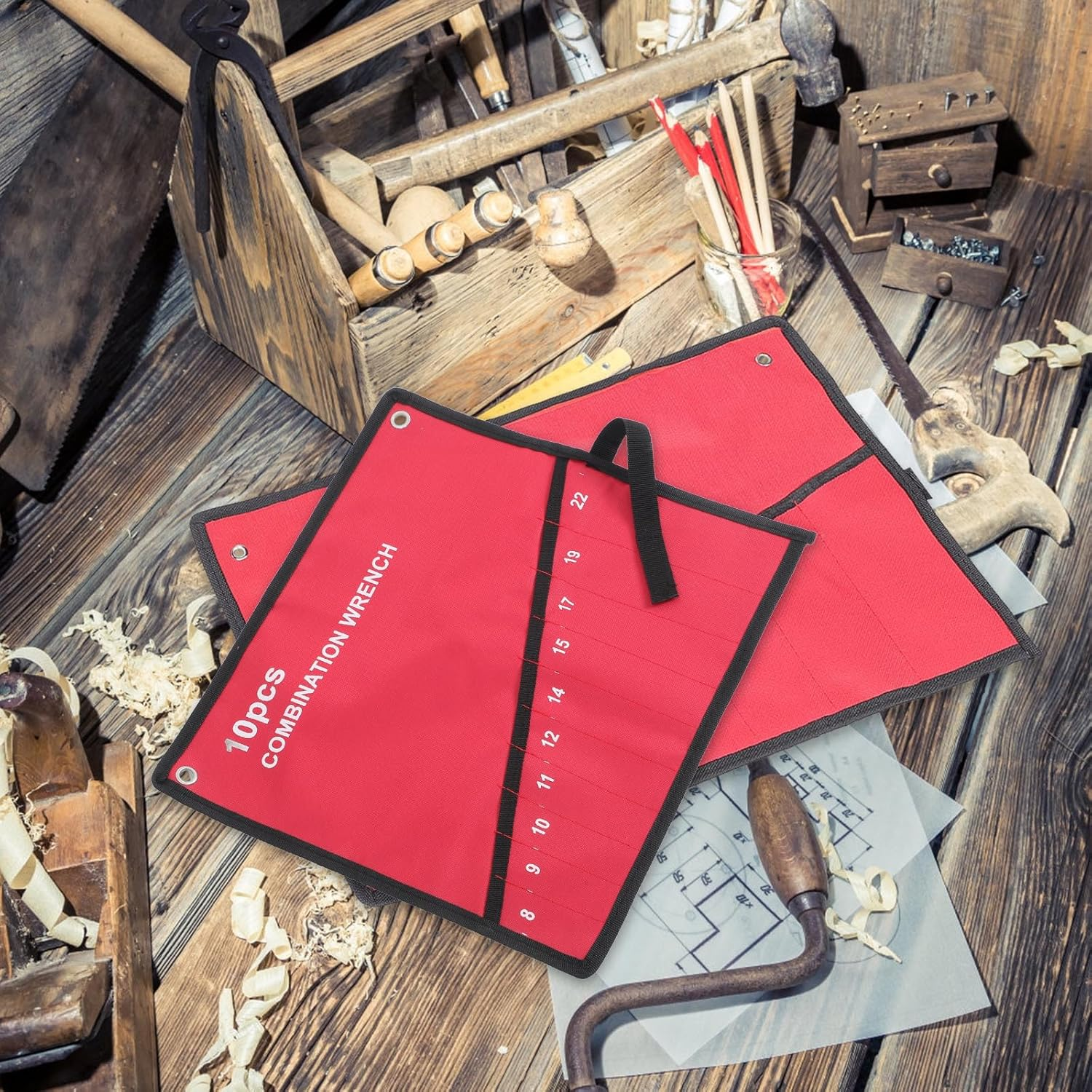 MALUGOGO Canvas Tool Roll Bag with 10 Red Pockets Oxford Cloth Wrench Organizer Pouch for Portable Tool Storage and Spanner Holder for Travel and Workshop Use image number 1