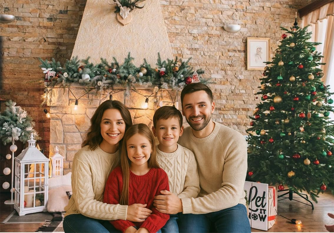 Dudaacvt 8X6Ft Christmas Fireplace Theme Backdrop Christmas Photography Backdrop Merry Xmas Sock Gift Decorations Family Party Supplies Banner Booth Props image number 5