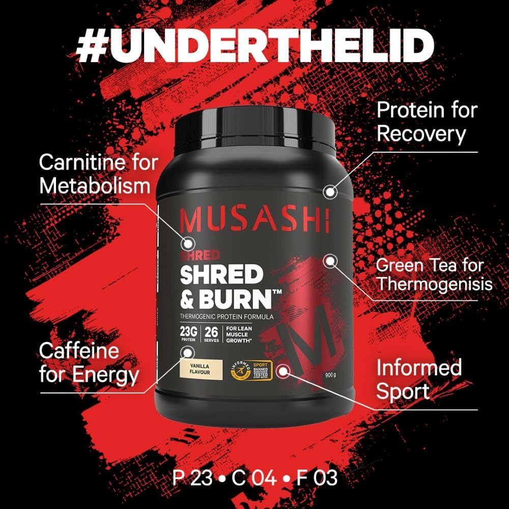 Musashi Shred and Burn Protein Powder, Vanilla Flavour, 2Kg &ndash; High Protein, Thermogenic Formula with L-Carnitine & Green Tea for Lean Muscle & Fat Metabolism image number 1