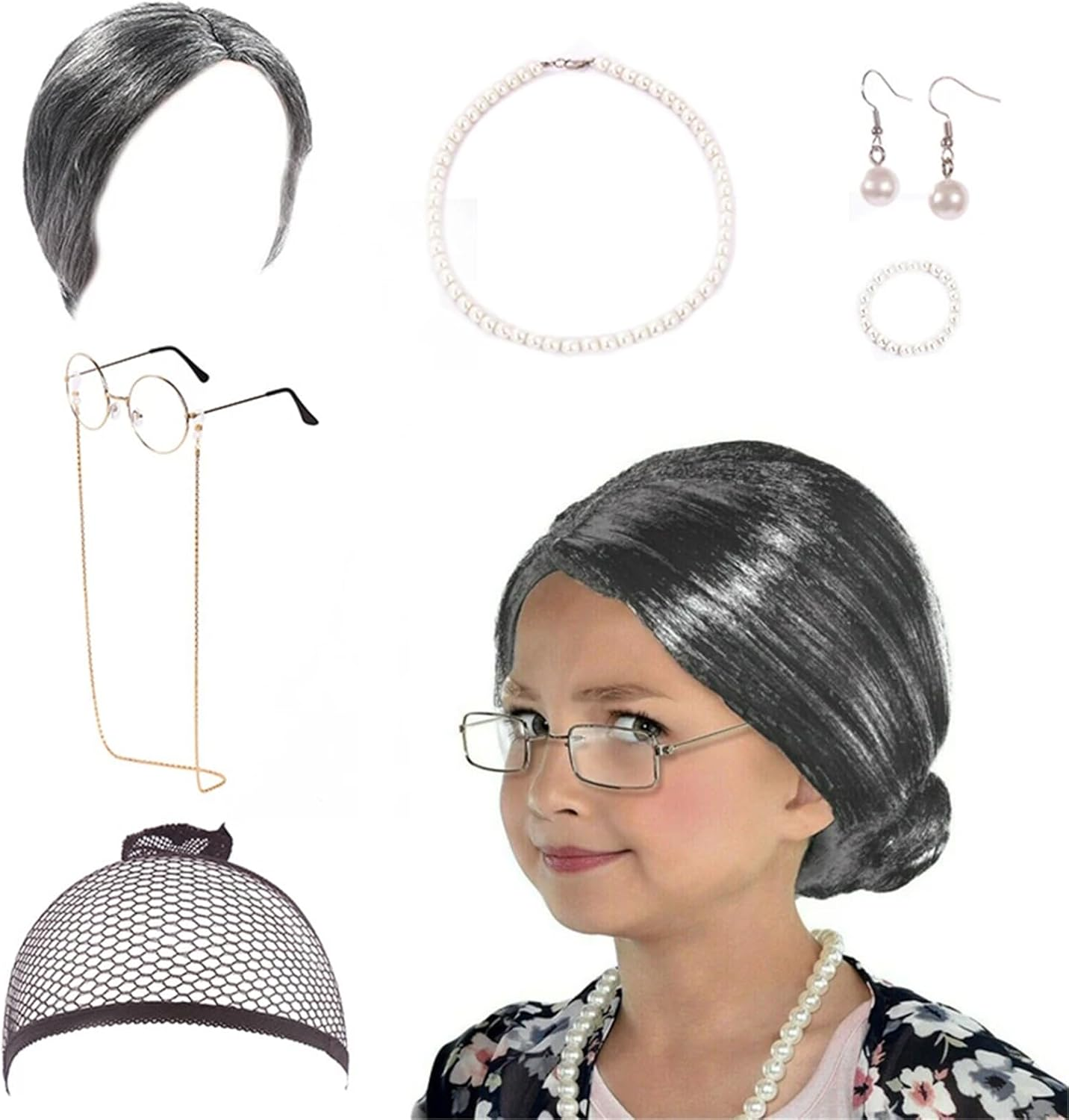 8 Pcs/Set Grandma Old Lady Dress up Set, Granny Costume Wig Adult Kid Halloween Masquerade Cosplay Party Witch Decoration Event (Dark Gray Bun)