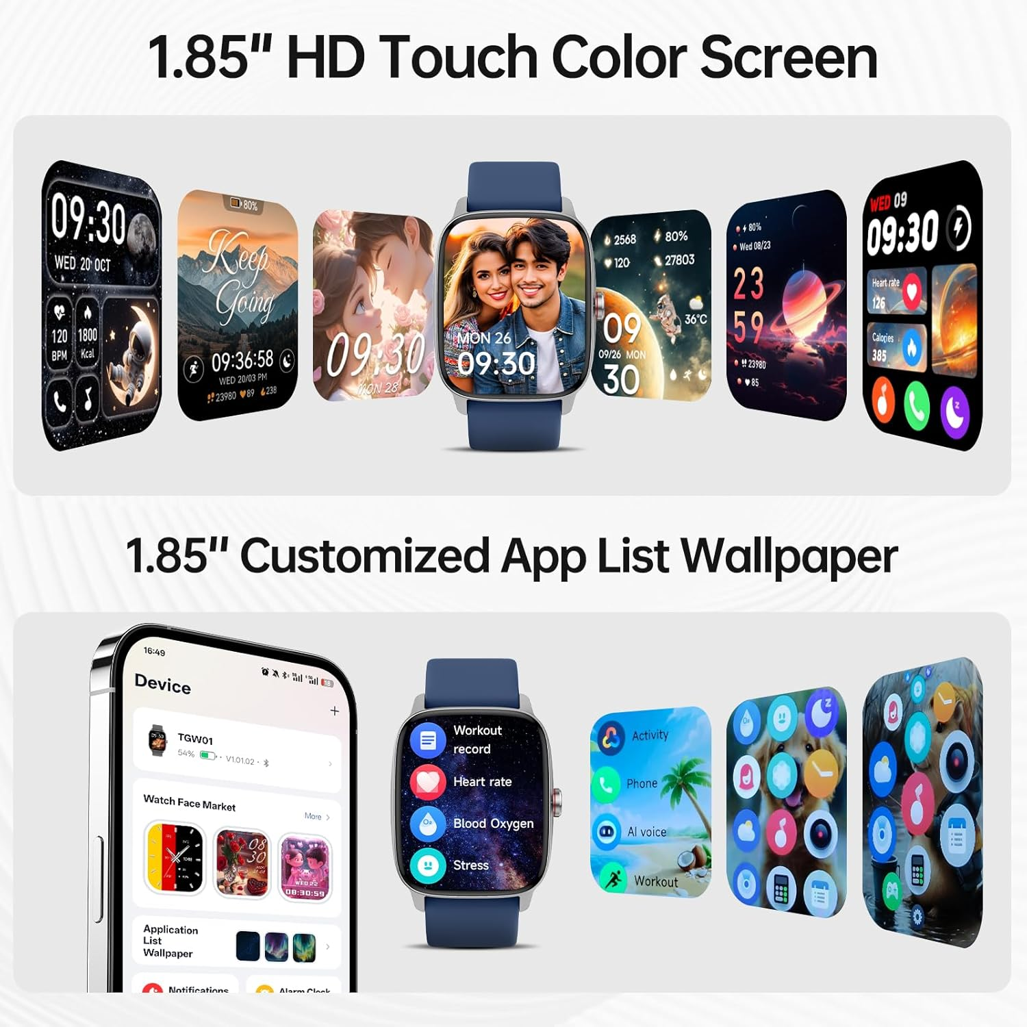 Smart Watch for Men Women with Bluetooth Call & AI Voice, 1.85" HD Fitness Tracker with Heart Rate Spo2 Sleep Monitor, 100+ Sports Modes, Mini Games, IP68 Waterproof Smartwatch for Android Ios Phones image number 2