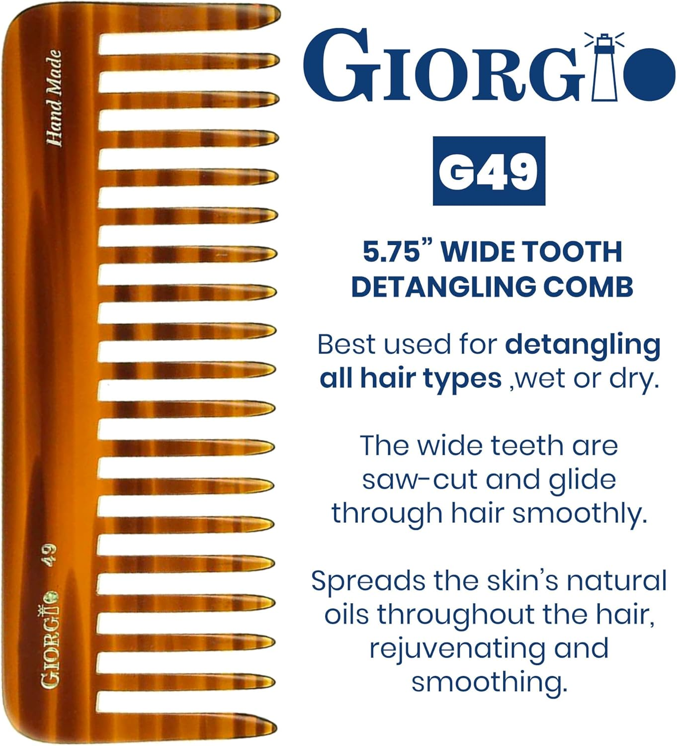 Giorgio G49 Large 5.75 Inch Detangling Comb, Wide Teeth for Thick Curly Wavy Hair. Long Hair Detangler Comb for Wet and Dry. Handmade of Quality Cellulose, Saw-Cut, Hand Polished, Tortoise Shell image number 2