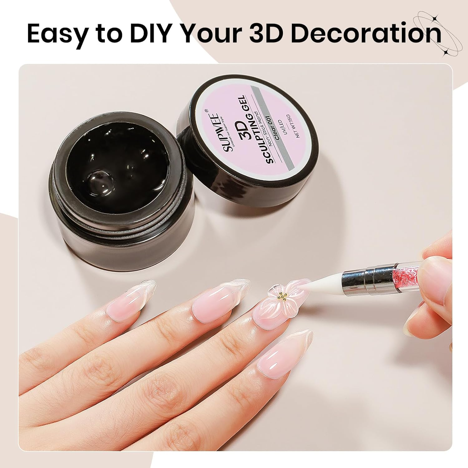 3D Nail Gel Clear Nail Sculpting Gel Non-Sticky Hand 3D Gels for Nail Art with Silicone Pen Sculpting 3D Modeling Manicures Salon Home DIY 15G image number 1