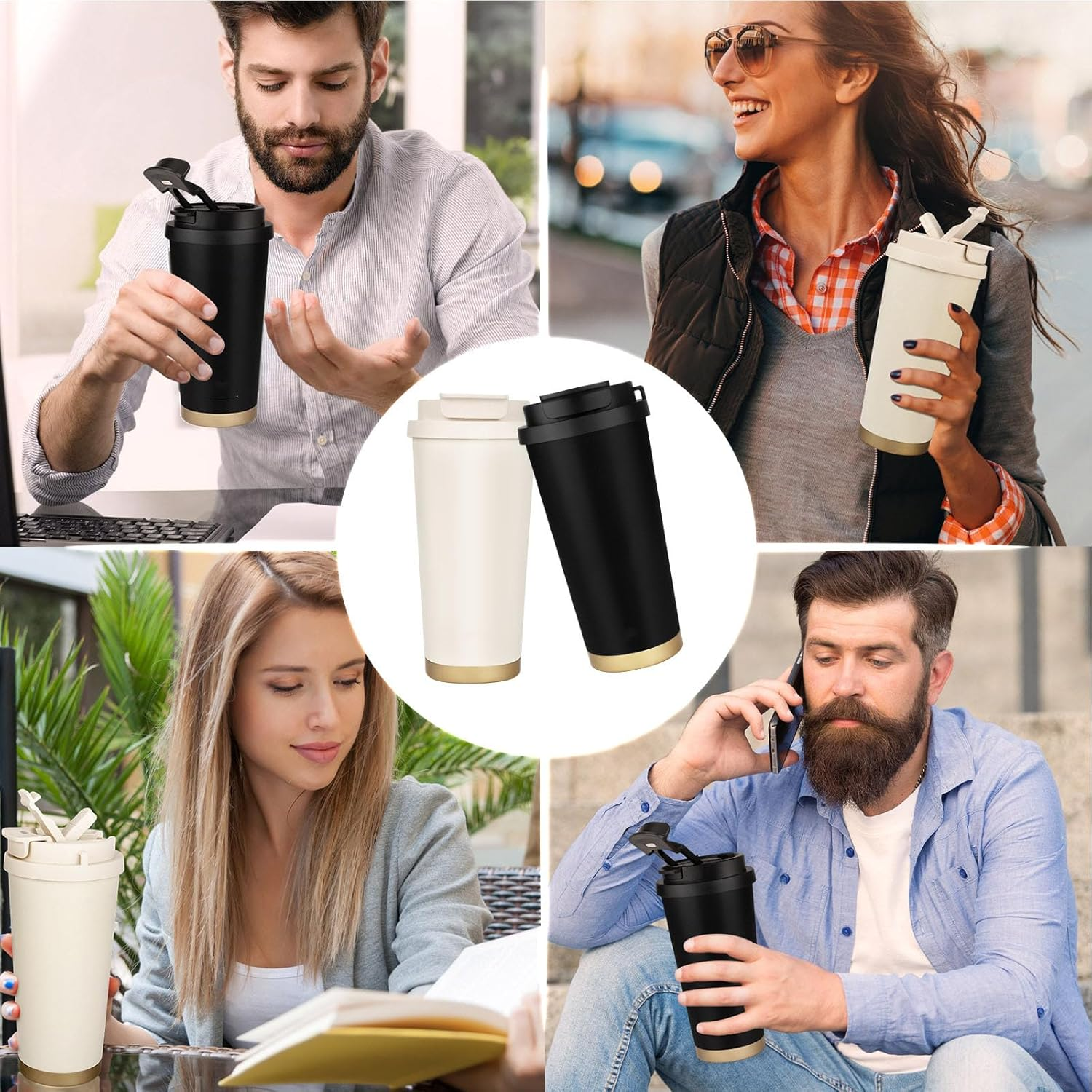 XHOMI Thermos Coffee Mug with Straw Made of Stainless Steel, 530 Ml Leak-Proof Insulated Mug with Lid for Hot & Cold Drinks (White) - White image number 3