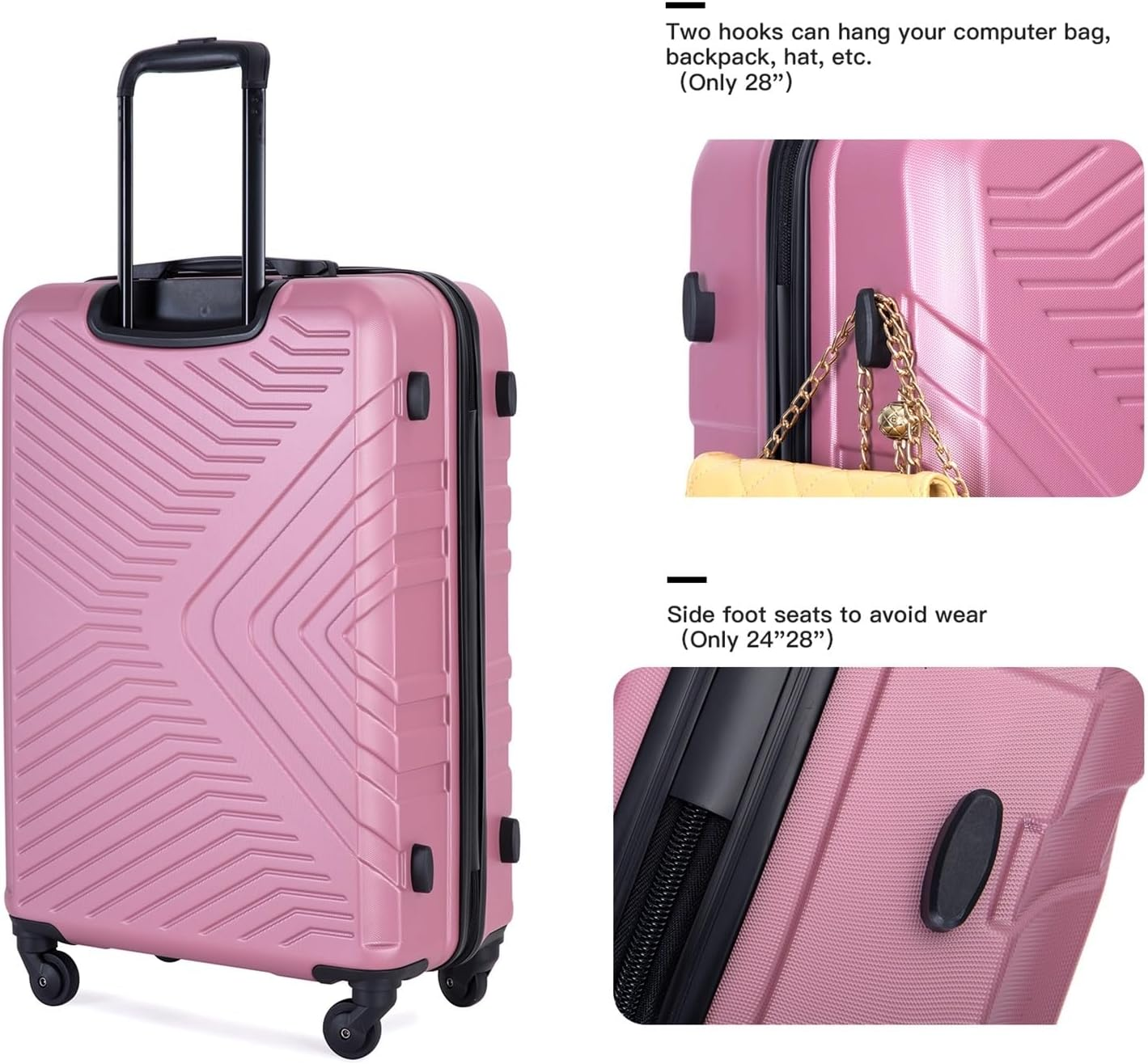 XIQUMOPAX Piece Lightweight Hard - Shell Luggage Set with Lock, Spinner Wheels & Two Hooks, One Color, Pink image number 3